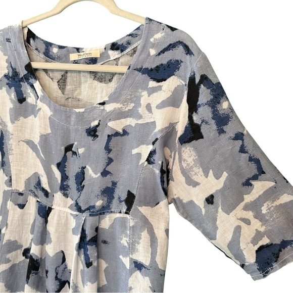 WoolOvers Womens Linen Tunic Dress Blue White Lagenlook Print Pockets Size 10 - Picture 8 of 12